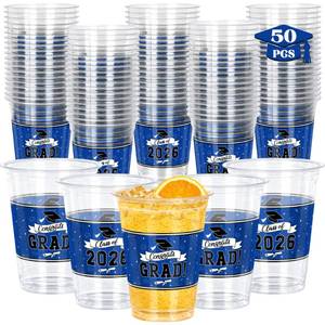 lot 20455 image: QZYL 50 PCS Graduation Cups, 14 OZ Blue Grad Decorations, Disposable Plastic Cup Bulk for Class of 2026 Congrats Grad, Grad Party Supplies Favors Tableware for Hot Cold Drinks High School College
