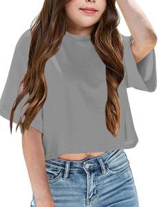 lot 20499 image: Yuccalley Girls Summer Round Neck Short Sleeve Crop Tees Casual Loose Fit Tees (US, Age, 9 Years, Gray) Large