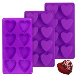 lot 20500 image: 3 PCS Heart Molds Silicone 8 Cavities Heart Shaped Cupcake Pan for Baking Food Grade Muffin Pan Easy Clean Candles Epoxy Resin Valentine Craft for Making Chocolate, Candy, Soap and Jelly (Purple)