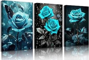 lot 11911 image: 3pc Elegant Teal Rose Canvas Bathroom Home Decorate 2Ft x 17in