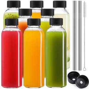 lot 1512 image: UPGRADED LID 8 Pack 18 oz Glass Juice Bottles with 8 Airtight Lids &2 Straw Hole Lids &2 Straws, Reusable Drinking Jar, Clear Water Bottles for Juicing, Smoothies, Refrigerator & Travel - BPA Free