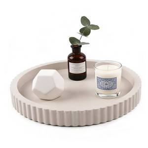 lot 1520 image: Modern Decorative Tray for Coffee Table, 11 Wooden Gray Beige Round Small Decor Tray for Candle, Perfume, Vanity, Kitchen Island Counter & Table Centerpiece