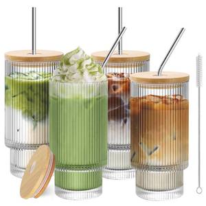 lot 1526 image: HIGIINC Iced Coffee Cups with Lids 4 Pcs - 16 OZ Glass Cups with Lids and Straws, Reusable Ice Coffee Tumbler, Clear Ribbed Drinking Glasses for Matcha, Smoothie, Ice Tea, Lemonade