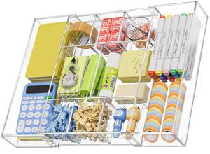 lot 1542 image: Marbrasse Acrylic Expandable Drawer Organizer, Clear Desk Drawer Organizer Tray with 5 Dividers, Desk Organizers and Accessories, 10 Adjustable Compartments for Office Supplies, Makeup & Vanity