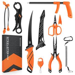lot 1546 image: KastKing SteelStream 8pc Fishing Tool Kit - Fishing Pliers with Lanyard, Fillet Knife, Floating Fish Lip Gripper, Fishing Braid Scissors, Tool Retractor, Fishing Hook Remover, Bungee Cords