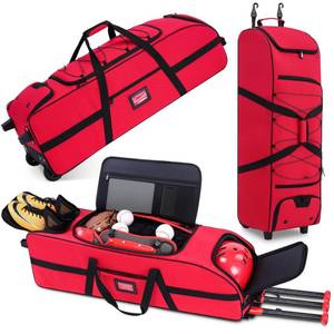 lot 1564 image: JMIANeodark Large Rolling Catcher Gear Bag, Soft Baseball Bag With Wheels for 4 Bats, Multi-Pockets, Fence Hook, Holds All Softball Baseball Equipment (Red)