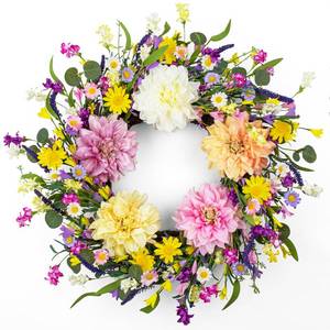lot 1569 image: LLZLL Spring Wreaths for Front Door 22 Inch Spring Wreath Artificial Summer Wreath with Colorful Dahlia Daisy and Forsythia for Farmhouse Home Holiday Decorations