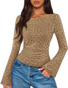 lot 2114 image: MEROKEETY Womens Bell Long Sleeve Shirts 2025 Fall Floral Going Out Tops Slim Fit Y2k Clothes Outifts,Dark Khaki,Small