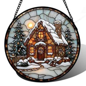 lot 2119 image: AMDERVEN Stained Glass Window Hanging - Christmas Tree Cottage Sun Catcher for Door Garden Home Winter Decor Snowy Night Suncatcher Mothers Day Birthday Gifts for Women Men Mom Nana 7.8 in