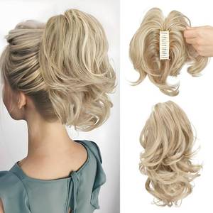 lot 2138 image: CJL HAIR Claw Clip Short Ponytail Hair Extensions DIY Bendable Metals Messy Bun Hair Piece for Wonen Wavy Curly Synthetic Fake Hairpieces Dirty Blonde