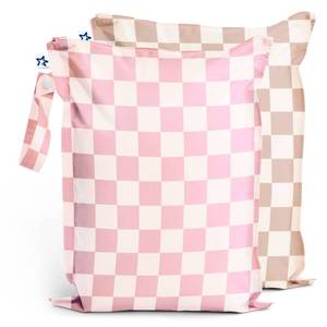 lot 2185 image: Tiny Twinkle Mess Proof Wet Bags  2-Pack Reusable Waterproof Wet Bags for Swimsuits  Baby Clothes  Travel & Diaper Bag (Pink, Brown Checkers)