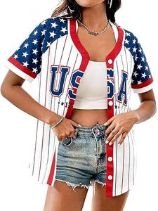 lot 2192 image: Womens American Flag Button Down Jersey Shirt Patriotic USA Short Sleeve Shirts 4th of July Baseball Tee Top M