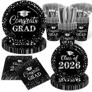 lot 2201 image: 2026 Graduation Decorations Party Supplies Tableware Set-200Pcs Black and Silver Plates and Napkins,College High School Graduation Party Dinnerware Decorations (Black and Silver)