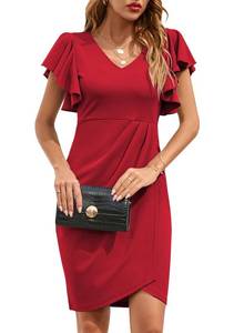 lot 2215 image: IHOT Womens V Neck Ruffle Sleeve Ruched Bodycon Wrap Christmas Dress Elegant Cocktail Party Wedding Guest Graduation Tulip HemMidi Dresses Knee Length Red L