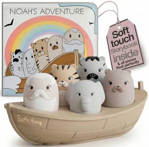 lot 3236 image: Noahs Ark Silicone Floating Bath Toy Set for Toddlers 18M Includes 7 Pieces Boat Animals and Waterproof Bible Storybook Educational Sensory Learning Nordic Color Design Montessori Faith Play
