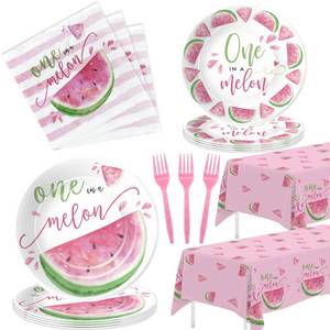 lot 3247 image: APOWBLS One In A Melon Party Decorations Tableware, Watermelon Party Supplies For 1st Birthday, Plate, Napkin, Tablecloth, Fork, Watermelon First Birthday Plates & Napkins Party Decorations  Serve 24