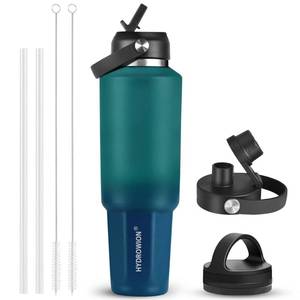 lot 3249 image: HYDROWION 32 oz Insulated Water Bottle, Car Water Bottle Holder - Double Wall Vacuum Insulated Travel Bottle with Straw Lid, Spout Lid and Flex Cap - Cold for 24H, Hot for 12H, Blue - Lake Green