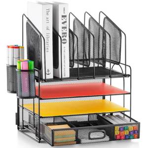 lot 3254 image: Marbrasse Desk organizer with Drawer, 4-Tier Mesh File Organizer with 5 Vertical File Holders and 2 Pen Holders, Multifunction Desktop Organizer,Desk Organizers and Accessories for Home Office