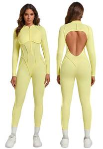 lot 4013 image: ABOCIW Jumpsuits for Women Contouring Seams Zipper Long Sleeve Workout One Piece Bodycon Yoga Romper Backless Full Length Catsuit Athletic Fit Unitard Nylon Yellow 0-2