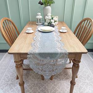 lot 4028 image: FRAGRANCOSY Elegant Vintage Lace Table Runner 36 inches(90cm) Long Grey Silver with Exquisite Macrame and Embroidered Floral Pattern Perfect as a Dresser Scarf (14X36)