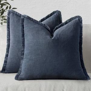 lot 4030 image: MIULEE Decorative Throw Pillow Covers Neutral Linen Fringe Throw Pillows Set of 2 Indigo Blue Boho Farmhouse Cushion Covers Coastal Decor for Couch Sofa Bed Living Room Spring Decor 20x20 Inch