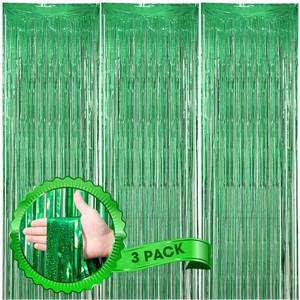 lot 4473 image: Voircoloria 3 Pack 3.3 x 8.2 ft Laser Green Foil Fringe Backdrop Curtains, Tinsel Streamers Birthday Party Decorations, Fringe Backdrop for Graduation, Baby Shower, Gender Reveal, Disco Party
