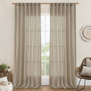 lot 4486 image: LAMIT 95 Inches Long Linen Curtains for Living Room, Back Tab and Rod Pocket Semi Sheer Curtains Light Filtering Farmhouse Drapes for BedroomDining Room, Taupe, Set of 2, 52 x 95 Inch