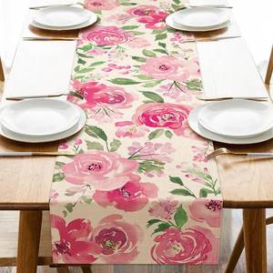 lot 4492 image: Seliem Spring Summer Watercolor Flower Table Runner, Pink Peony Floral Kitchen Dining Table Decor, Seasonal Burlap Home Decoration Indoor Outdoor Party Supply 13 x 108 Inches