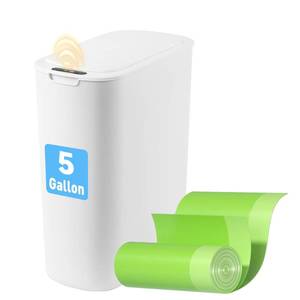 lot 5117 image: FRESHLIX Automatic Motion Sensor Bathroom Trash Can with Lid, 5 Gallon Touchless Trash Bin,Smart Electric Narrow Waterproof Garbage Bin for Toilet, Office, Bedroom, Living Room, Dorm (White
