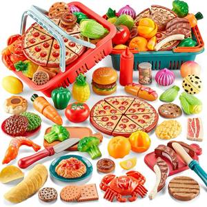 lot 5119 image: Comirth Play Food Sets for Kids Kitchen-80PC Pretend Food with 2 Kids Picnic Basket, Toy Food with Pizza Toy, Plastic Food Cutting Toys, Play Kitchen Accessories - Fake Food, Boys Girls Toddlers Gifts