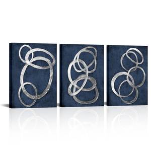 lot 5127 image: iKNOW FOTO Set of 3 Modern Abstract Blue and Silver Circle Canvas Prints Contemporary Artwork Painting for Bedroom and Bathroom Stretched Canvas Ready to Hang Each Panel 12x16 inches