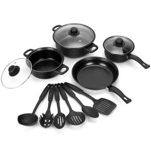 lot 5136 image: Non-Stick Cookware Set, 13 Piece Set Portable Lightweight Cast Iron Pots and Pans with Glass Lids and Nylon Utensils for Outdoor Camping Picnic Travel Cookware Black