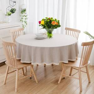 lot 6326 image: Seyilei Faux Linen Round Tablecloth with Lace Trim Solid Heavy Weight Burlap Tablecloth for Banquet, Parties, Dinner,Kitchen,Wedding,Coffee,Holiday (Beige Round 60 Inch)
