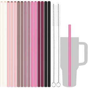 lot 6362 image: Tomorotec 12.2 Reusable Silicone Drinking Straws 15-Pack with 2 Brushes Fit for Stanley Tumblers 40oz 30oz 20oz, Noise-Free BPA-Free Food Grade Silicone Adjustable for Various Cups (Pink Series)