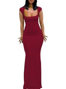 lot 6366 image: Womens Summer Burgundy Cap Sleeve Square Neck Sexy Bodycon Tight Fishtail Streetwear Lounge Night Out Long Dress L