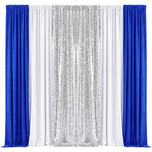 lot 6370 image: Tingjoo 6 Graduation Sequin Backdrop Curtains Decorations 2 x 8ft 2 Pcs Silver Sequin Glitter Photo Backdrop 4 Pcs Wrinkle Free Background Curtain for Wedding Birthday Party(Blue,White,Silver)
