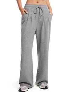 lot 6396 image: SUUKSESS Women Wide Leg Work Flowy Palazzo Pants Casual High Waisted Drawstring Waffle Knit Trousers (Black, M)