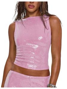 lot 6433 image: MakeMeChic Womens Sparkly Sequin Tops Y2k Going Out Rave Top Sleeveless Crop Tank Tops Pink Large