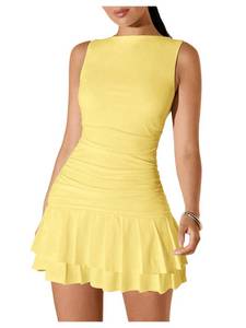 lot 6436 image: SOLY HUX Womens Sleeveless Ruched Layered Ruffle Hem Mini Dress Bodycon Dresses Solid Yellow Large