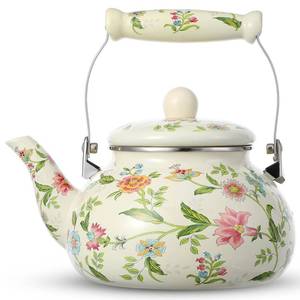 lot 9364 image: 2.6 Quart Vintage Enamel Tea Kettle, Green Floral Enamel on Steel Teapot with Cool Touch Porcelain Handle for Stovetop Home Kitchen Camping, Housewarming Wedding Bridal Shower Thanksgiving Christmas G