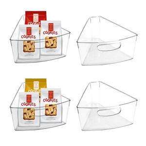 lot 9369 image: URALFA Lazy Susan Organizers Set of 4, 10x 9.5x 4 Corner Cabinet Organizer, Plastic Transparent Kitchen Cabinet Storage Bins with Handle, 4 Deep Container, 18 Wedge - Food Safe, BPA Free