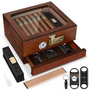 lot 9381 image: Tesonway Cigar Humidor, Cedar Wood Humidor Cigar Box, Glass Top Desktop Humidor with Front Hygrometer, Humidifier, Divider, Accessories Drawer and Combination Lock, Cigar Gifts for Men (Brown)