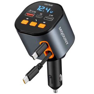 lot 10011 image: Retractable Car Charger,5 in 1 Fast Car Phone Charger 90W,Bluetooth 5.3 FM Transmitter Adapter,Handsfree Call,2 Retractable USB-C Cables and USB Cars Chargers for iPhone 161514131211,Galaxy,Pixel