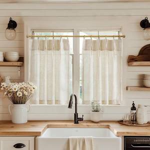 lot 10014 image: jinchan Linen Pinch Pleated Kitchen Curtains 24 Inch 2 Panels Natural Linen Tier Curtains Back Tab Beige Farmhouse Cafe Light Filtering Small Window Drapes for Bathroom Laundry Room Beige