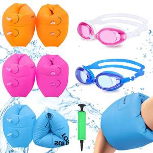 lot 10057 image: Arm Floaties for Kids 6-12yrs, PVC Arm Floaties Inflatable Swim Arm Bands Floater Sleeves Swimming Rings and Swimming Goggles Kids Floaties for Pool 6 Pack