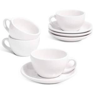 lot 11087 image: LE TAUCI 6 oz Cappuccino Cups with Saucers, Set of 4 Ceramic Coffee Cup and Saucer Set for Latte, Au Lait, Flat White, Mocha, Tea, Embossed Coffee Cups, White