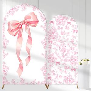 lot 11108 image: 2PCS Chinoiserie Floral Arch Backdrop Cover Pink Baby in Bloom Baby Shower Decorations 6ft 7.2ft Spandex Fitted Pink Bow Wildflower Arch Stand Cover for Girls Floral Wedding Birthday Party Supplies (Slight Use)