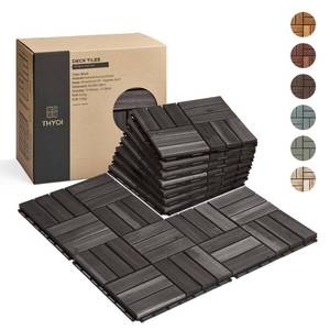 lot 11124 image: THYOI Premium Deck Tiles, Patio Flooring - Set 10 Pcs 12x12x0.9 Interlocking Deck Tiles, Waterproof Acacia Wood for Balcony, Backyard, Indoor & Outdoor (Black, Crossed Pattern, Square Joints) ( Slight Use)