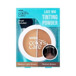 lot 12060 image: KISS Colors & Care Lace Wig Tinting Powder & Brush, 2 Brown Shades, Oil Control Formula, Matte Finish, Vegan, Cruelty Free, Hyaluronic Acid & Coconut Extract Infused, 8g (0.28 oz.) - Light Duo