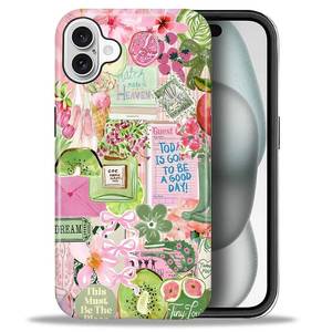 lot 12063 image: SKAMIX Case for iPhone 16,Shockproof TPU Bumper Drop Protection Hybrid 2-Layer Hard Cover for iPhone 16-Dream Fruit Pink Nature Collage